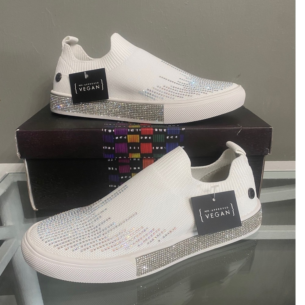 Bernie Mev Matrix White Crystal Rhinestone Vegan Slip On Sneakers Memory Foam 38
